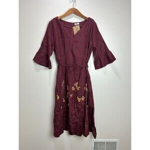 Hand Made By Gaia Linen Embroidered Floral Maroon Red Midi Dress Sz M/L